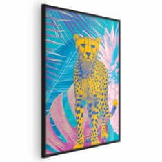 Artgeist Eksotični leopardji plakat - barvit portret geparda na ozadju tropskih listov