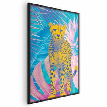 Artgeist Eksotični leopardji plakat - barvit portret geparda na ozadju tropskih listov