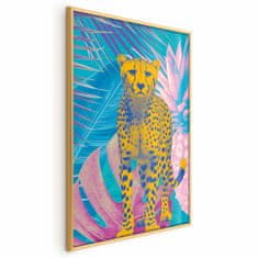 Artgeist Eksotični leopardji plakat - barvit portret geparda na ozadju tropskih listov