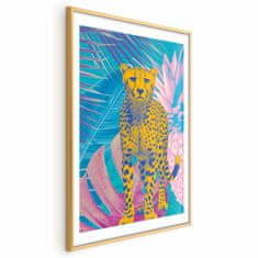 Artgeist Eksotični leopardji plakat - barvit portret geparda na ozadju tropskih listov