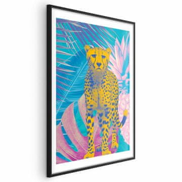 Artgeist Eksotični leopardji plakat - barvit portret geparda na ozadju tropskih listov