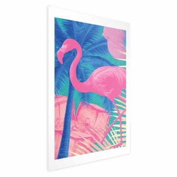 Artgeist Plakat - Rožnati flamingo - Abstraktni flamingo na ozadju palm in ledenih kock
