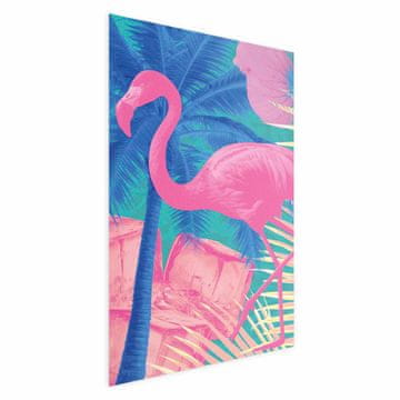 Artgeist Plakat - Rožnati flamingo - Abstraktni flamingo na ozadju palm in ledenih kock