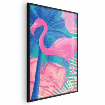 Artgeist Plakat - Rožnati flamingo - Abstraktni flamingo na ozadju palm in ledenih kock