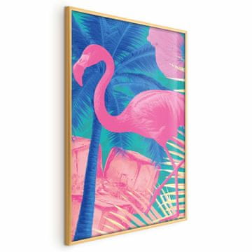 Artgeist Plakat - Rožnati flamingo - Abstraktni flamingo na ozadju palm in ledenih kock