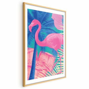 Artgeist Plakat - Rožnati flamingo - Abstraktni flamingo na ozadju palm in ledenih kock