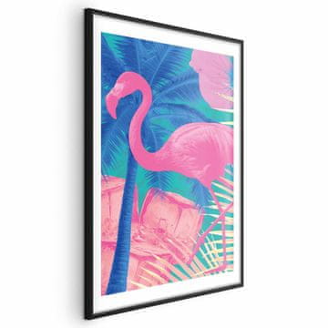 Artgeist Plakat - Rožnati flamingo - Abstraktni flamingo na ozadju palm in ledenih kock