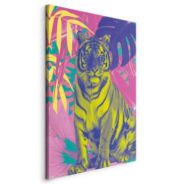 Artgeist Slika - Barviti tiger - Intenzivne barve tigra, obdanega s tropskimi rastlinami
