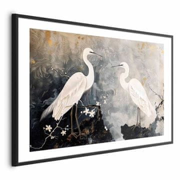 Artgeist Plakat - Čaplje in češnjev cvet - ilustracija ptic v orientalskem slogu