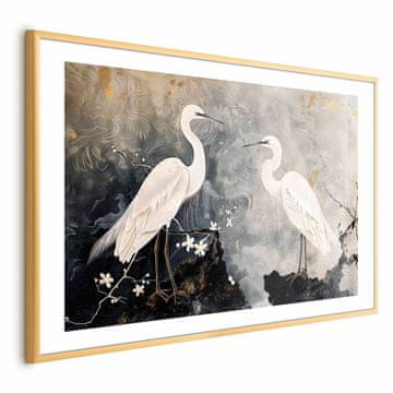 Artgeist Plakat - Čaplje in češnjev cvet - ilustracija ptic v orientalskem slogu