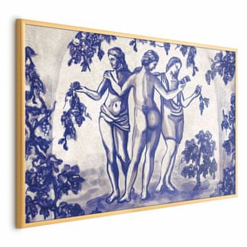 Artgeist Plakat - Starodavni vinograd - Tri ženske v portalu, pobarvano z modrim črnilom