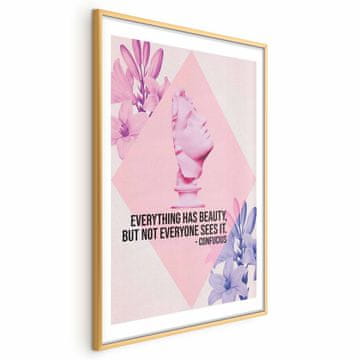 Artgeist Plakat - Konfucij o lepoti - roza doprsni kip s cvetjem in citatom