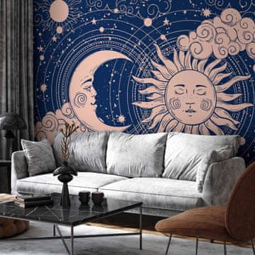 Artgeist Fototapeta - Kozmična harmonija - ilustracija sonca in lune na temno modrem ozadju / Noč in dan - eleganten vzorec sonca in lune na temnem ozadju