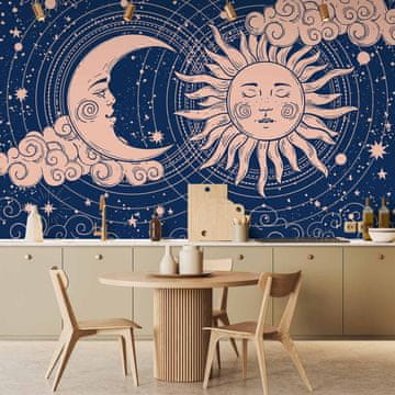 Artgeist Fototapeta - Kozmična harmonija - ilustracija sonca in lune na temno modrem ozadju / Noč in dan - eleganten vzorec sonca in lune na temnem ozadju