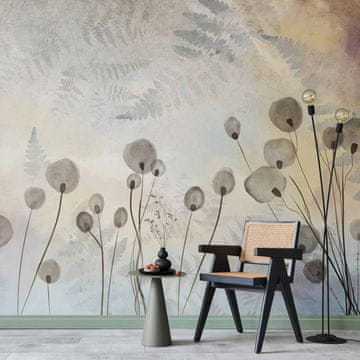 Artgeist Foto tapeta - Minimalistični travnik - rastlinski motiv v svetlih odtenkih z odsevi