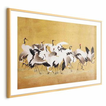 Artgeist Plakat - Japonski žerjavi - jata ptic na zlatem ozadju, po sliki Ishide Yūteija