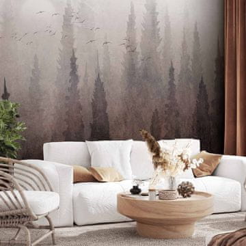 Artgeist Foto tapeta - Ptice letijo nad krošnjami dreves - pokrajina temnega gozda v megli