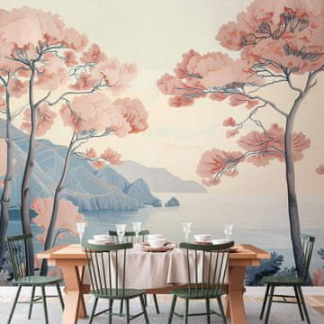 Artgeist Foto tapeta - Pokrajina z oceanskimi klifi in drevesi v nežnih roza barvah / Motiv oceanskih klifov in dreves z nežnim motivom v pastelnih barvah