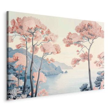 Artgeist Slika - Pokrajina z oceanskimi klifi in drevesi v nežnih roza barvah / Oceanski klifi in drevesa, nežen motiv v pastelnih barvah