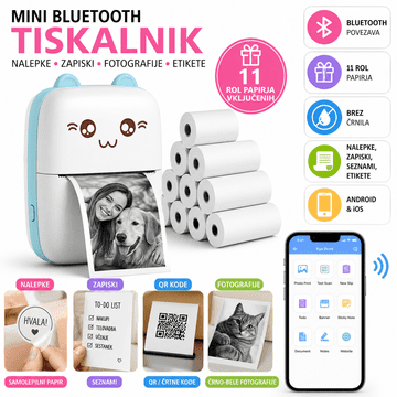Izoxis Mini Bluetooth Termalni Tiskalnik | Tiskalnik za nalepke, fotografije, zapiske in etikete | 11 rol papirja | Brez črnila | Android & iOS