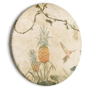 Artgeist Okrogla slika - Tropi v umirjenih barvah - Papagaji in ananas med bujnim eksotičnim rastlinjem v nežnih odtenkih zelene/Papagaji v džungli