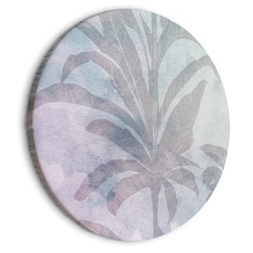 Artgeist Okrogla slika - Palme v megli - Palme med pastelnimi oblaki v vijoličnih in celadon tonih/Megleni tropi