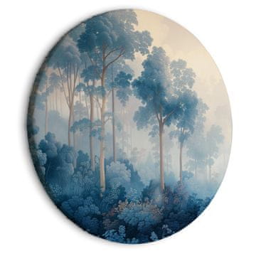 Artgeist Okrogla slika - Pokrajina z drevesi v ilustrativnem slogu pravljičnega modrega gozda / Gojišče v meglenih odtenkih modre
