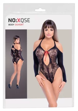 shumee NO:XQSE - Seksi črni čipkasti bodi z rdečo pentljo SL