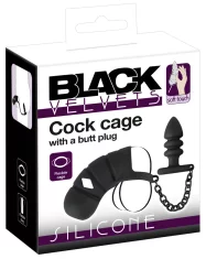 Black Velvets Black Velvets - Kletka za penis z analnim čepom črne barve