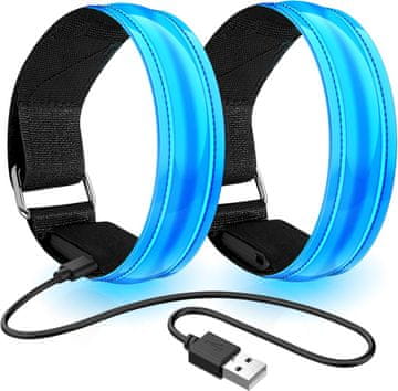 Nikcorp LED-opaska na akumulator, USB polnjenje, 2 kosa modra, nastavljiv obseg 27,9–33 cm, velcro zapenjanje, za tek kolesarjenje sprehod gleženj zapestje roka, približno 25 g