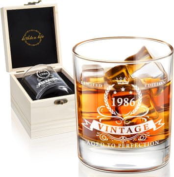 Nikcorp Kristalni bokal za viski Rocznik 1985 tisk 340 ml, brez svinca, odebeljeno dno, ojačane stranske stene, v leseni darilni škatli za 40. rojstni dan, scotch bourbon koktajli s ledom