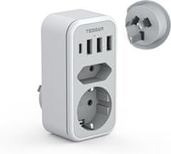 Nikcorp Električni potovalni adapter TESSAN 6 v 1 tip I USB-C 15 W 1×USB-C 3×USB-A 12 W 2500 W 100-250 V razdelilnik za polnjenje telefonu tablice potovanje 5,4 × 7,6 × 10,7 cm 145 g