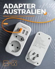 Nikcorp Električni potovalni adapter TESSAN 6 v 1 tip I USB-C 15 W 1×USB-C 3×USB-A 12 W 2500 W 100-250 V razdelilnik za polnjenje telefonu tablice potovanje 5,4 × 7,6 × 10,7 cm 145 g