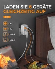 Nikcorp Električni potovalni adapter TESSAN 6 v 1 tip I USB-C 15 W 1×USB-C 3×USB-A 12 W 2500 W 100-250 V razdelilnik za polnjenje telefonu tablice potovanje 5,4 × 7,6 × 10,7 cm 145 g
