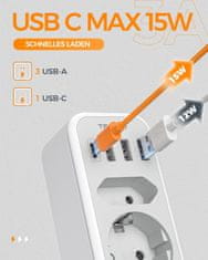 Nikcorp Električni potovalni adapter TESSAN 6 v 1 tip I USB-C 15 W 1×USB-C 3×USB-A 12 W 2500 W 100-250 V razdelilnik za polnjenje telefonu tablice potovanje 5,4 × 7,6 × 10,7 cm 145 g