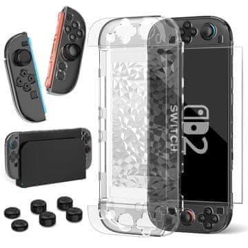 Nikcorp Zaščitno ohišje HEYSTOP za Nintendo Switch 2, PC polikarbonat, prozorno zaščitno steklo HD + odstranljiv ergonomski grip, diamantni vzorec, 6 nastavkov za analoge belo