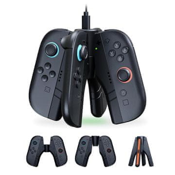 Nikcorp Polnilni držak 4 v 1 za Nintendo Switch Joy-Coni z LED, polnilna postaja USB-C, polni do 4 krmilnike hkrati, možnost igranja med polnjenjem, rdeča/zelena signalizacija, modularna zasnova 2 dela