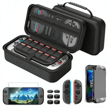 Nikcorp Zaščitno etui Nintendo Switch 2 komplet: PC ohišje, kaljena HD-folija proti praskam, 6 prevlek za analogne palčke, organizator do 12 kart, črna