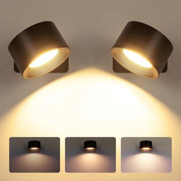 Nikcorp LED stenska svetilka z vrtljivim razponom 360° na dotik, komplet 2 kosa, vgrajen akumulator, polnjenje USB 5 V, 3 stopnje svetlosti 3000K/4500K/6000K, brezžična montaža samolepilno ali magnetno
