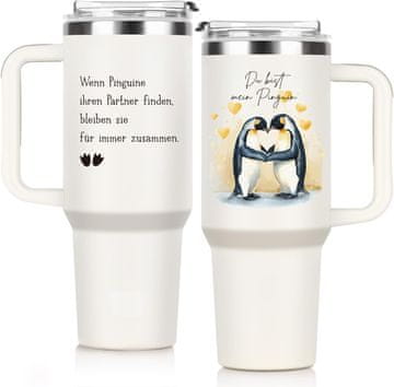 Nikcorp Termični vrček Giftasy Termovka 40 oz iz nerjavečega jekla, dvojne stene, nepredušen pokrov brez BPA, prostor za slamico, za tople in hladne pijače, pingvin romantični napis, bela, krtačka za čiščenje