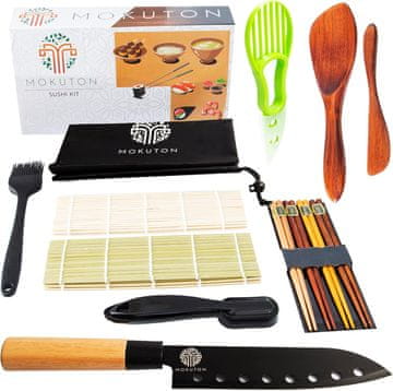 Nikcorp Komplet za sushi iz bambusa komplet maki nigiri japonski nož nož za avokado model za sushi čopiček žlica za riž 2 bambusovi podlogi 8 paličic darilni set s torbo naravni bambus