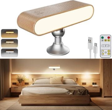 Nikcorp Stenska LED svetilka iz masivnega bukovega lesa Rjava brezžična magnetna z vrtljivo glavo 360° daljinec, USB Type-C 4000 mAh 3 barvne temperature, brez vrtanja, vklop z magnetno samolepilno podlago