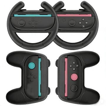 Nikcorp Igralni volan za Nintendo Switch Joy-Con komplet 4 kosov, ergonomski dirkalni dodatek za Mario Kart 8 Deluxe, črn, 2x volan in 2x ročaj, združljiv s krmilniki, natančen nadzor, set za 2 igralca