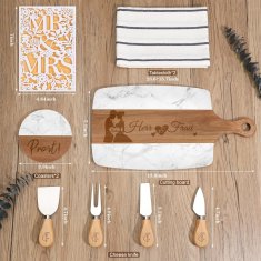 Nikcorp Darilni komplet za sir 11-delni, elegantna deska iz akacijevega lesa in marmorja, vključuje 4 nože, 2 podstavka, 2 prtička in voščilnico, personalizirano darilo za mladoporočenca, vrhunska kakovost