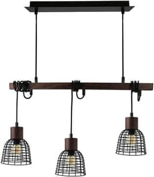 Nikcorp viseča stropna industrijska svetilka Maryland 3-točkovna E27 mat črna akacijev les, 65 cm nosilna prečka, nastavljiva višina do 130 cm, za jedilnico kuhinjski otok loft