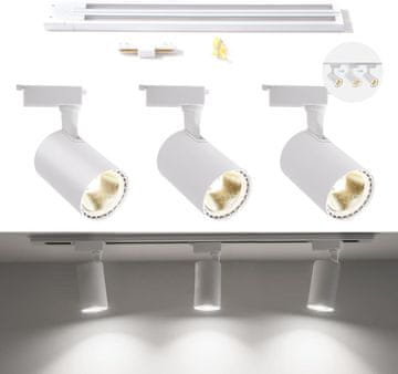 Nikcorp LED stropna svetilka BRIMETI 30W, 3-točkovni tirni sistem, nastavljivi reflektorji, COB modul, hladna bela svetloba 6000K, kovinska, za dnevno sobo, kuhinjo in spalnico, vrtljiva in nagibna, bela