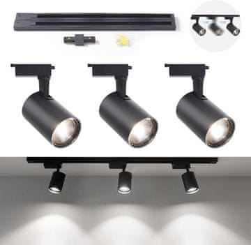 Nikcorp LED stropna svetilka 30W, 3-točkovni tirni sistem, nastavljivi reflektorji, hladno bela 6000K, črna, 2 tirnici, COB diode, kot 24°, za dnevno sobo, pisarno ali trgovino, komplet za montažo na strop
