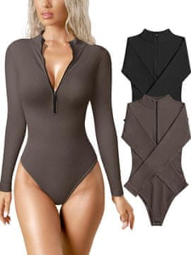 Nikcorp Žensko rebrasto body komplet 2 kosov brezšivno z dolgim rokavom in dolgim zapenjalnim delom slim fit najlon 90% elastan 10% stojček z zadrgo črna in rjava