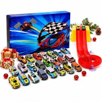 JOJOY® Božični dirkalni komplet z 4 m stezo in adventnim koledarjem z 24 mini avtomobilčki | TURBOREDCALENDAR