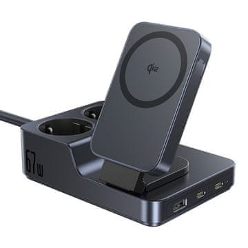 BASEUS Brezžična polnilna postaja 6 v 1 z vtičnicami USB-A, USB-C in 2x AC, 67 W – črna
